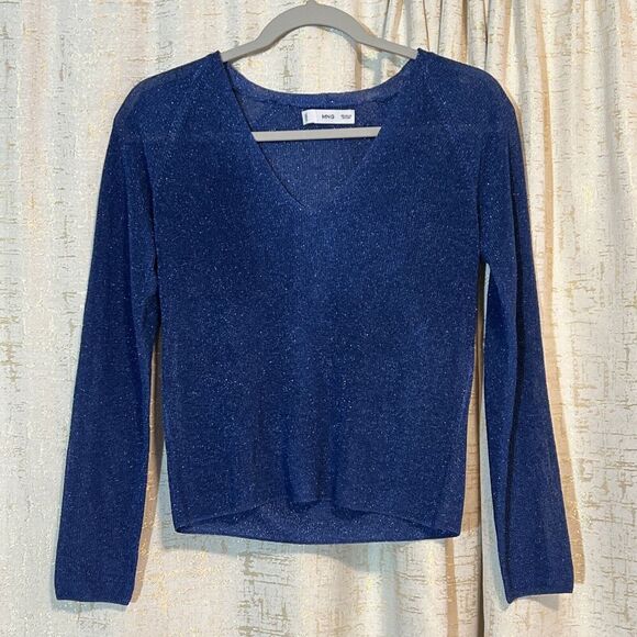 MNG by Mango Blue Shimmer Knit Sweater Pullover V Neck‎ Size Xtra Small Sparkle - Picture 1 of 5